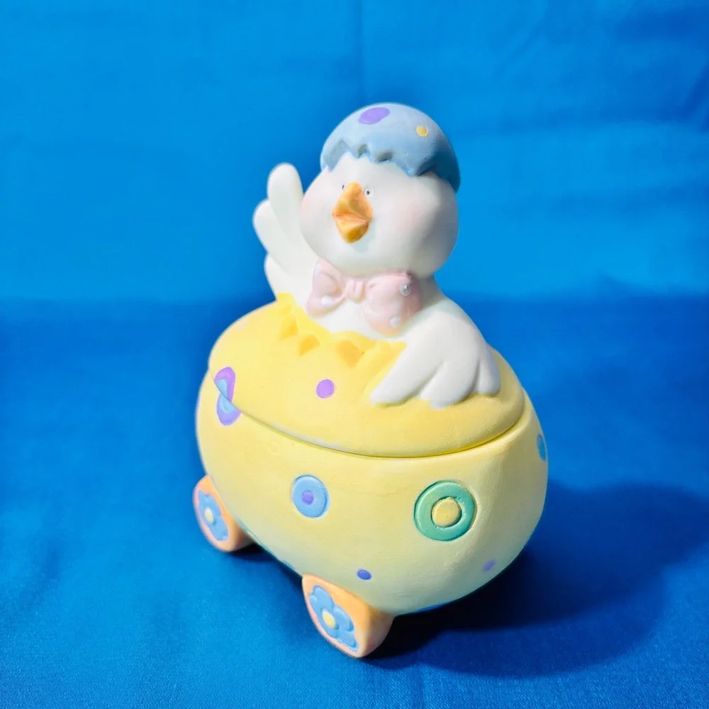 Vintage Porcelain Easter Egg Trinket Box Chick Figurine Pastel Spring Decor